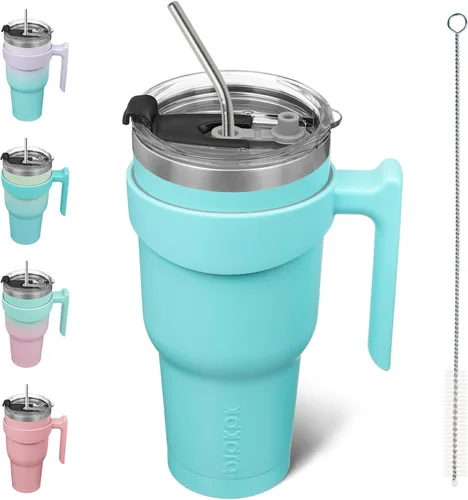 Miniatura 81 de BJPKPK Vaso con asa de acero inoxidable de 20 onzas, con aislamiento de doble pared, con tapa y pajita, color rosa claro A-rosa claro