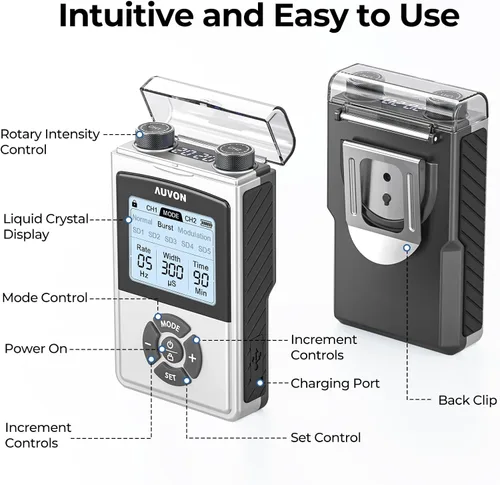 Miniatura 9 de AUVON - Unidad TENS Digital Recargable, Estimulador Muscular con Batería de 600 mAh, Máquina TENS con 8 Modos Personalizables, Masajeador Eléctrico