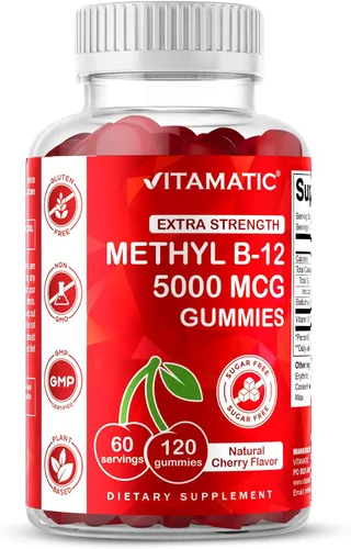 Vitamatic Gomitas de vitamina B12 extra fuertes de 5000 mcg (metilo B12), 120 unidades, apoyo al metabolismo energético y apoyo a la salud del
