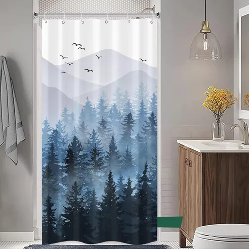 Miniatura 3 de Accnicc Stall - Juego de cortinas de ducha pequeñas de bosque brumoso azul degradado, montaña, pino, cortinas de ducha de tela impermeable