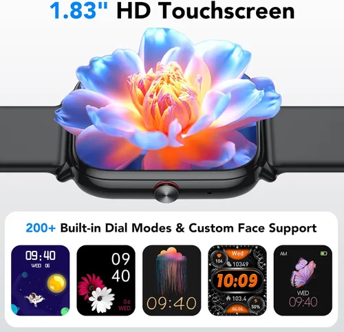Miniatura 3 de Reloj inteligente para hombres y mujeres (respuestas/hacer llamadas), monitor de fitness con pantalla táctil HD de 1.83 pulgadas, tiempo de Negro
