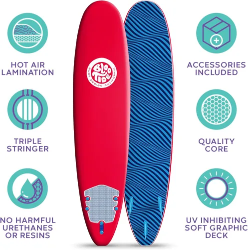 Miniatura 4 de Bloo Tide Tabla de surf de 8 pies con parte superior suave roja con diseño de Wavizm azul gráfico inferior