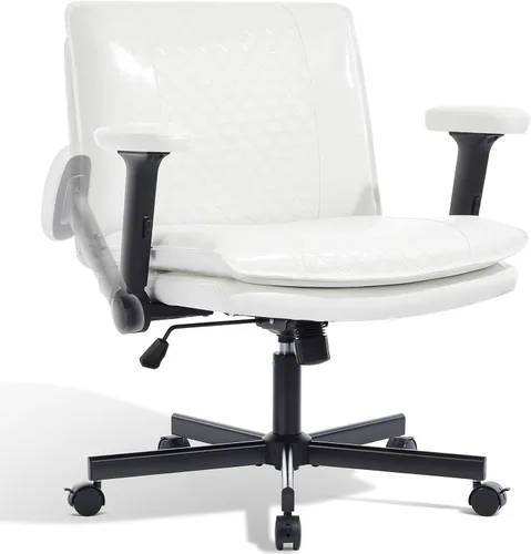Silla Criss Cross con brazos abatibles y ruedas con bloqueo, silla de escritorio de oficina de cuero con patas cruzadas, silla de computadora Blanco