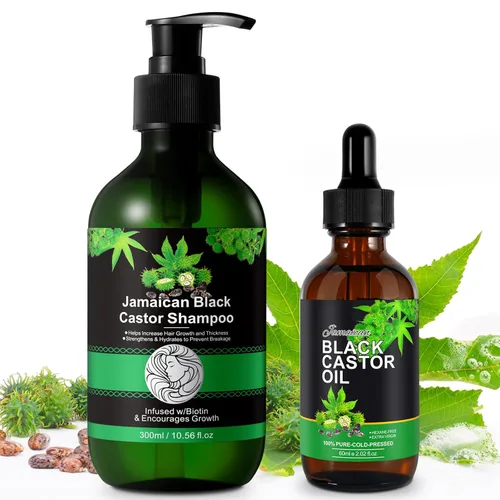 Jamaican Pure - Champú de aceite de ricino negro prensado en frío y set de crecimiento, 10.56 onzas líquidas fortalece y restaura, champú para