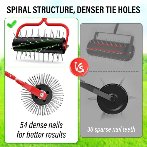 Miniatura 5 de VASALAID Aireador de césped, herramienta de césped rodante resistente con 54 picos prefijados mejorados, aireador de empuje manual para jardín