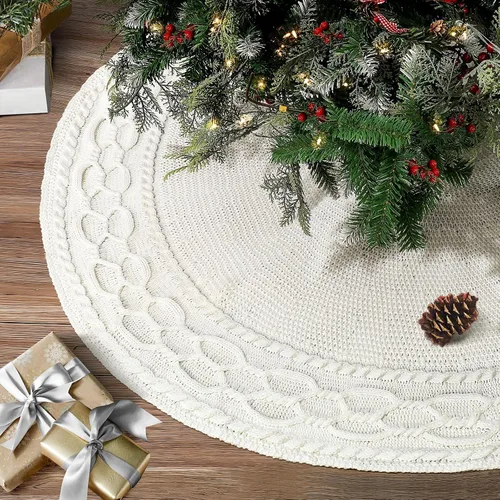 Miniatura 15 de NIBESSER Falda blanca para árbol de Navidad, falda de árbol de piel sintética de 48 pulgadas, alfombra de árbol de lentejuelas con plumas doradas
