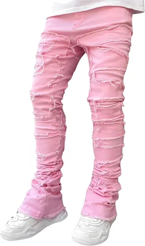 Jeans apilados para hombre, ajustados, rasgados, elásticos, desgastados, rectos, pantalones de mezclilla estilo hip hop, ropa de calle
