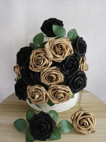 Miniatura 3 de Flores artificiales, 25 unidades, rosas de espuma de aspecto real dorado y negro, rosas falsas con tallos para ramos de boda, centros de mesa, baby