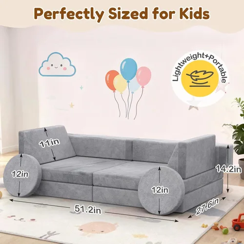 Miniatura 2 de Sofá para niños BIERUM, sofá modular para niños de 12 piezas con manta, sofá para niños para sala de juegos y interior, sofá convertible para niñas