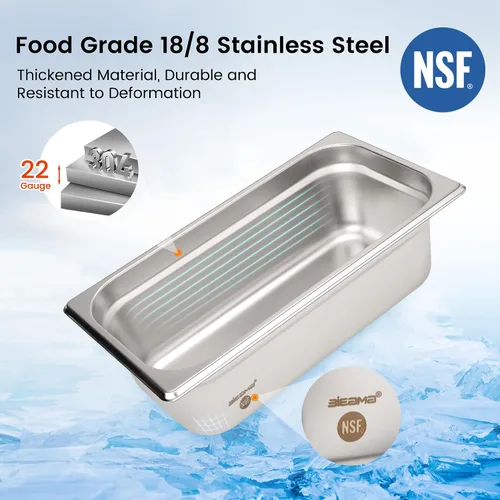 Miniatura 3 de BIEAMA Paquete de 6 bandejas de hotel, 1/3 tamaño 4" de profundidad, NSF, bandeja comercial de acero inoxidable, bandeja de mesa de vapor, bandeja