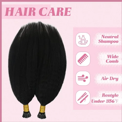 Miniatura 5 de YoungSee Extensiones de cabello humano rizado lacio con punta en I, color negro, 1.76 oz, extensiones de cabello Remy, 80 hebras, extensiones