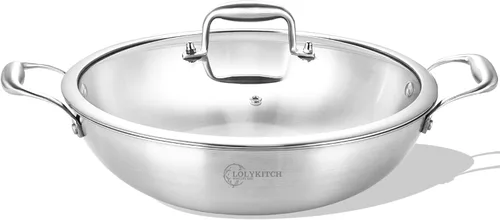 LOLYKITCH Sartén wok de acero inoxidable de tres capas de 12 pulgadas con tapa, Kadai, olla de inducción de 5 cuartos de galón, apta para