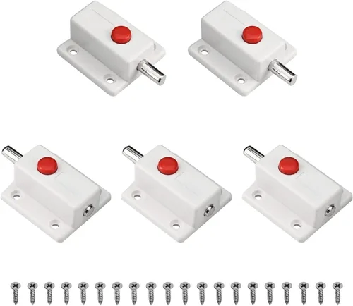Miniatura 10 de MroMax 5 piezas de cerrojo de puerta con resorte, cierre deslizante de plástico negro con botón de interruptor para puerta, gabinete, accesorios