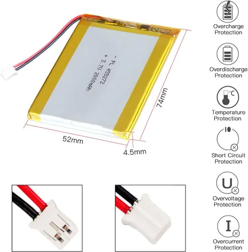 Miniatura 2 de 3.7V 2000mAh 455272 batería de iones de polímero de litio recargable Li-ion Li-Po baterías con conector PH2.0.000 in