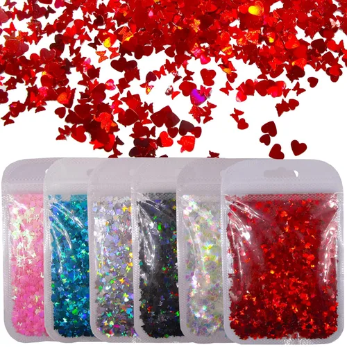 LoveOurHome Resina holográfica de uñas de 2.16 oz con purpurina en copos de San Valentín, mariposa, corazón, brillos, manualidades, lentejuelas,