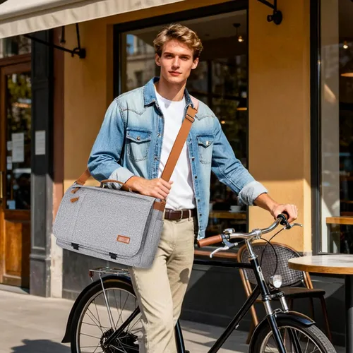 Miniatura 3 de ESTARER Bolsa de mensajero para laptop de 13 a 14 pulgadas, resistente al agua, bolsa de hombro de lona para universidad de negocios, gris