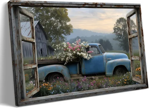Miniatura 7 de Decoración rústica de granja en lienzo con ventana abierta, impresiones artísticas para pared, pintura de camión viejo, lienzo de granero y bandera