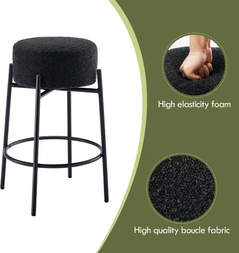 Miniatura 4 de Juego de 2 taburetes de bar modernos de altura de mostrador, taburetes de bar giratorios negros Boucle para isla de cocina, cómodas sillas tapizadas