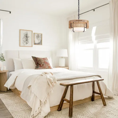 Miniatura 6 de Lámpara Colgante de Ratán, Candelabro Boho de 12.6" con Pantalla de Tela, Lámpara Colgante Estilo Granja Candelabro para Comedor, Sala de Estar