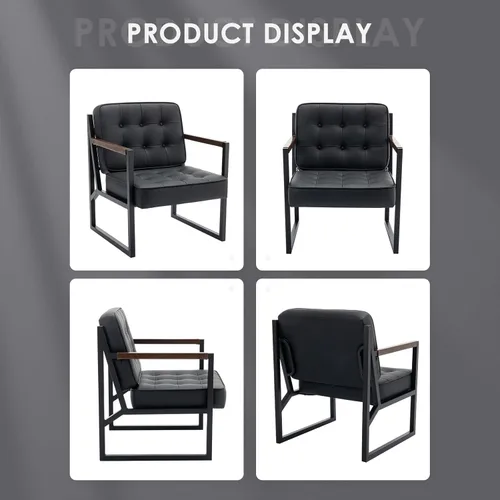 Miniatura 8 de COLAMY Juego de 2 sillas decorativas modernas de mediados de siglo, cómoda silla de sala de estar, silla decorativa de cuero negro, sillón