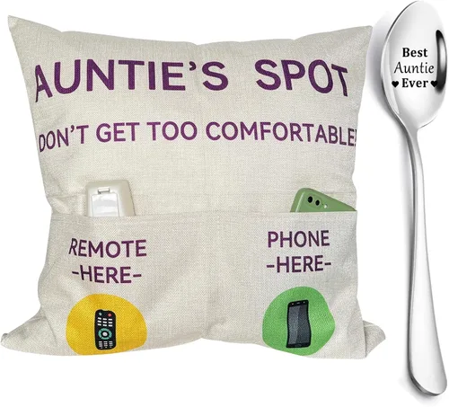 ZUYUROU Regalos para Tía, Fundas de Cojín Decorativo de 2 Bolsillos "Auntie's Spot" de 18x18 Pulgadas + Cuchara Grabada, Regalos para el Día de la