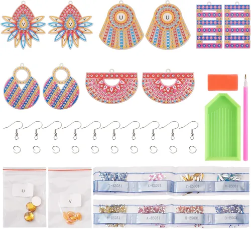 Miniatura 7 de Spritewelry Juego de 6 pares de aretes de pintura de diamantes, juego de aretes de arte de diamante con mosaico de mano 5D, aretes bohemios vintage