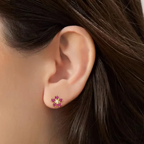 Miniatura 2 de Ross-Simons Aretes de flor de rubí de 0.80 quilates con detalles de diamante en oro amarillo de 14 quilates, Gema, multi