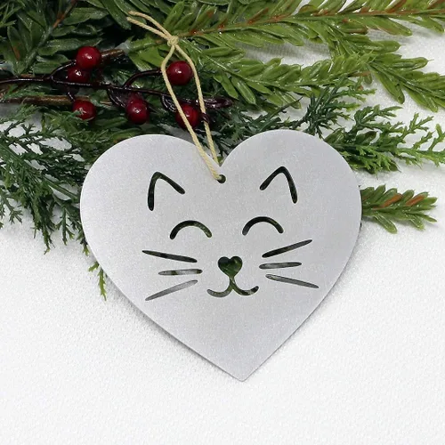 Miniatura 2 de Adorno de corazón de gato, regalo de Navidad para amantes de los gatos, decoración de fiesta de árbol de metal de aluminio