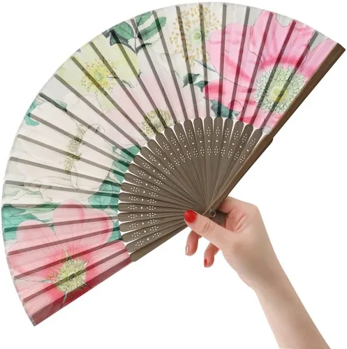 HeyToo Abanico de mano bonito para mujer, diseño de bambú, plegable, para boda, fiesta, aniversario, accesorio de flores grandes