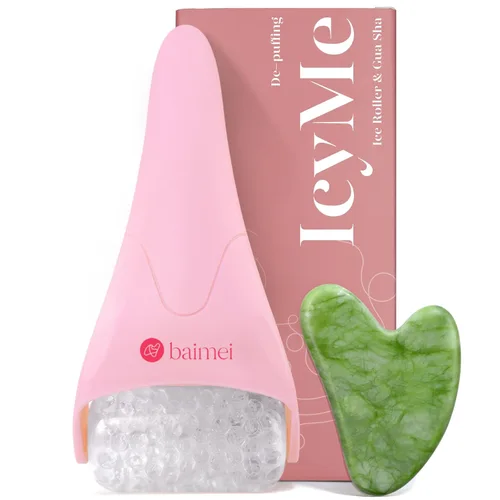 BAIMEI IcyMe - Rodillo de hielo para cara y juego de herramientas faciales Gua Sha, rodillo facial de hielo que reduce la hinchazón, alivia las Rosa