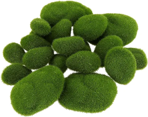 JEUIHAU 60 rocas artificiales de musgo de 6 tamaños, piedras de musgo decorativas, piedras cubiertas de musgo verde, rocas cubiertas de musgo falso