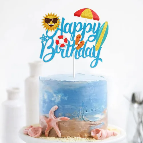 Miniatura 4 de LINGBOOM Summer Beach - Decoración para pastel de cumpleaños con purpurina azul, 4.2 x 5.9 in, multicolor