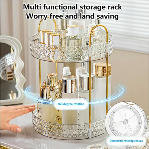 Miniatura 7 de Estante de almacenamiento acrílico giratorio de 360°, organizador de maquillaje de gran capacidad de 2 niveles para encimera de baño y tocador