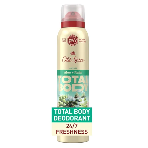Old Spice Desodorante en aerosol para todo el cuerpo para hombres, sin aluminio, aroma a aloe + lluvia, protección contra olores 24/7, frescura