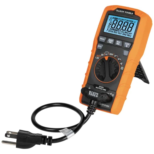 Miniatura 13 de Klein Tools ET270 Multímetro digital de rango automático, CA/CC, resistencia, continuidad, probador de receptáculo GFCI con cables de prueba y cable
