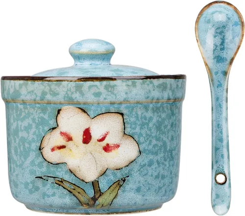 Miniatura 10 de Azucarero de cerámica hecho a mano con tapa y cuchara, tarro de condimento de porcelana de 9 onzas con diseño floral pintado a mano, recipiente