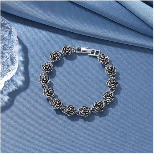 Miniatura 4 de Pulsera de flores de plata vintage para mujer, pulsera de flores de rosa, pulsera gótica de rosas para mujer