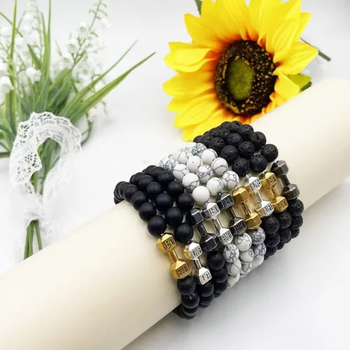 Miniatura 3 de Pulsera de mancuernas negra hecha a mano, para gimnasio, hermanos, fitness, piedra volcánica, piedra de lava volcánica, ajustable, pulsera