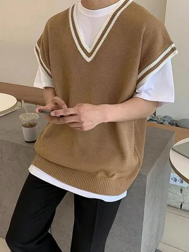 Miniatura 3 de GORGLITTER Chaleco de suéter sin mangas con cuello en V a rayas para hombre