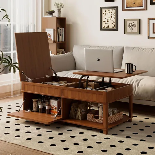 Miniatura 30 de 31.52" Square Lift Top Coffee Table with Storage, Natural Rattan & Hemp Rope, Adjustable Function, Vintage Farmhouse Center Table for Living Room