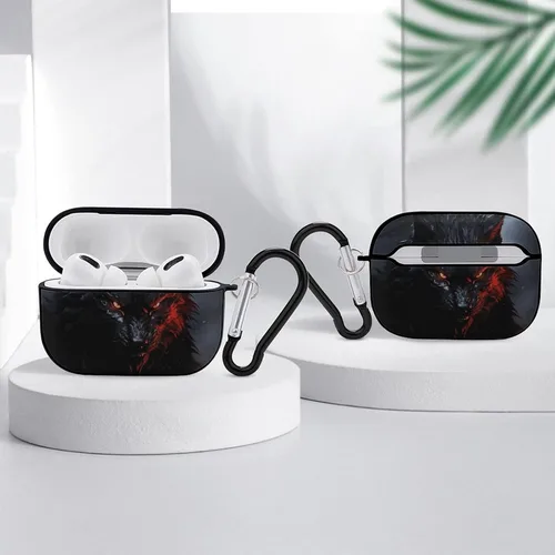 Miniatura 4 de Funda para auriculares con diseño de lobo negro grande con ojos rojos para AirPods Pro de 2ª generación con llavero, funda protectora rígida a