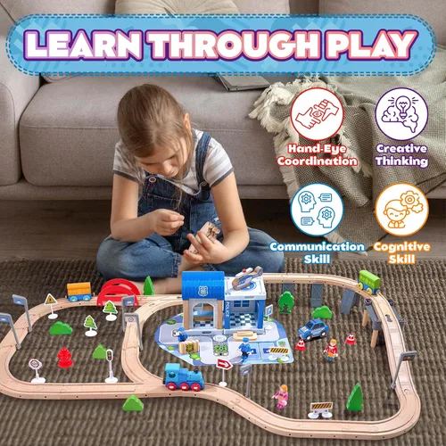 Miniatura 6 de Set de 102 piezas de tren de madera para niños pequeños, pista de tren de madera: ampliable y intercambiable, juguetes de tren educativos seguros