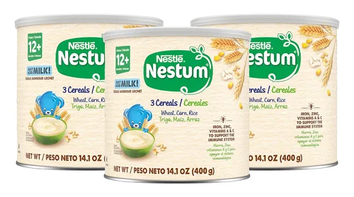 Nestle Nestum - Cereales junior, 3 cereales, trigo, maíz y arroz, hechos para niños pequeños de 12 meses, recipiente de 14.1 onzas (paquete de 3)