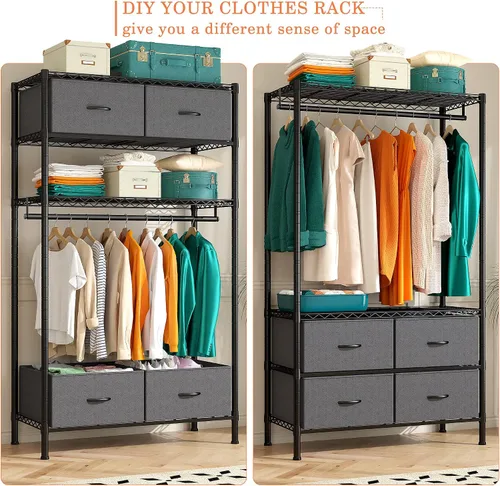Miniatura 5 de Raybee Perchero con 4 cajones y estantes, perchero resistente para colgar ropa, portátil, resistente y duradero, negro