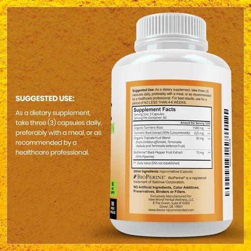 Miniatura 2 de Suplemento de curcumina de cúrcuma - 2250 mg/d - Cápsulas vegetales - 95% curcuminoides con extracto de pimienta negra (Bioperine) - Cápsulas de 750