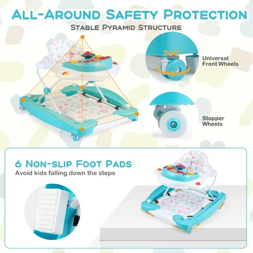 Miniatura 4 de BABY JOY Andador de bebé 6 en 1, andador plegable con ruedas, altura ajustable, música, luces, modo gorila y balancín, andadores de bebé para niños