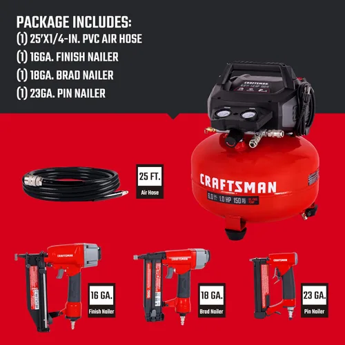 Miniatura 2 de Craftsman Compresor de Aire Tipo Panqueque de 6 Galones Kit Combo de 4 Herramientas, 150 PSI, Libre de Aceite, Incluye Clavadora de Acabado 16GA