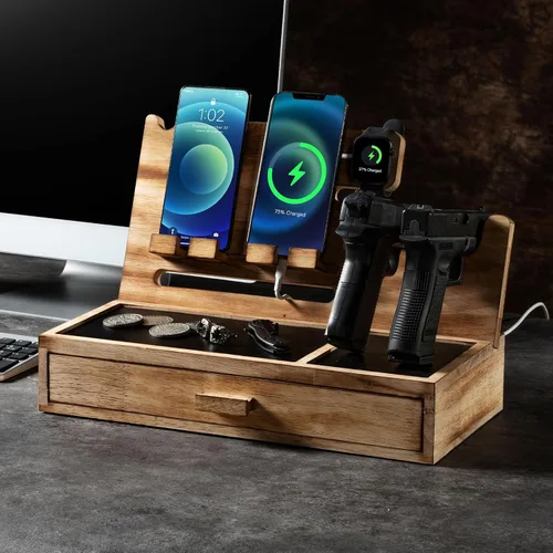 Miniatura 2 de DGWJSU Estación de acoplamiento para teléfono como regalo para hombres, estante de pistola de madera como organizador de mesita de noche para caja