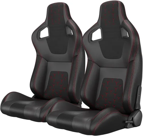 Miniatura 27 de 2 piezas de asientos universales de carreras con deslizadores de doble bloqueo, 1 par de asientos de cubo de cuero PVC con dos almohadas de Negro