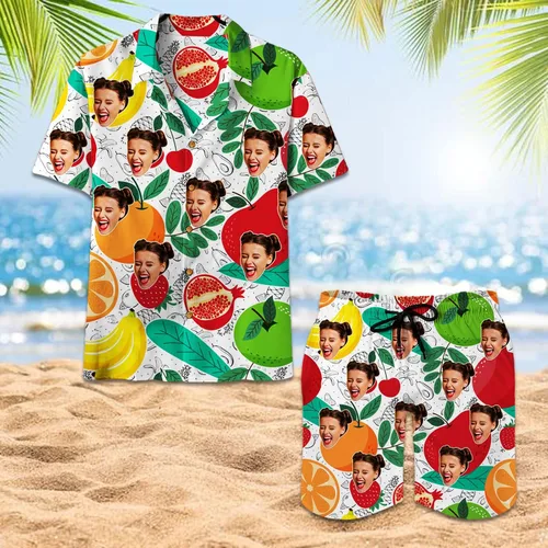 Miniatura 4 de Personalized Custom Face Tropical Unisex Hawaiian Shirt and Shorts Set with Bucket Hat S-5XL
